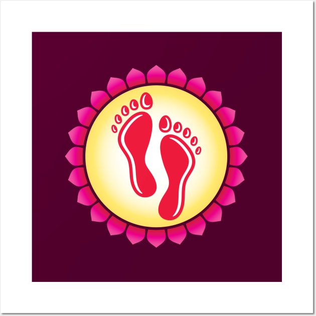 Sacred Footprint Sign in Hindu Religion in a Circle Created with Pink Lotus Petals Wall Art by GeeTee